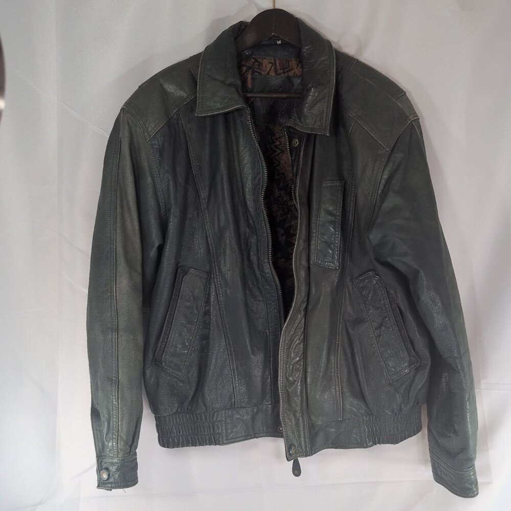 Esquire Leather Jacket Green Mens M Medium Vintage Bomber Collared Snap Zip 90s